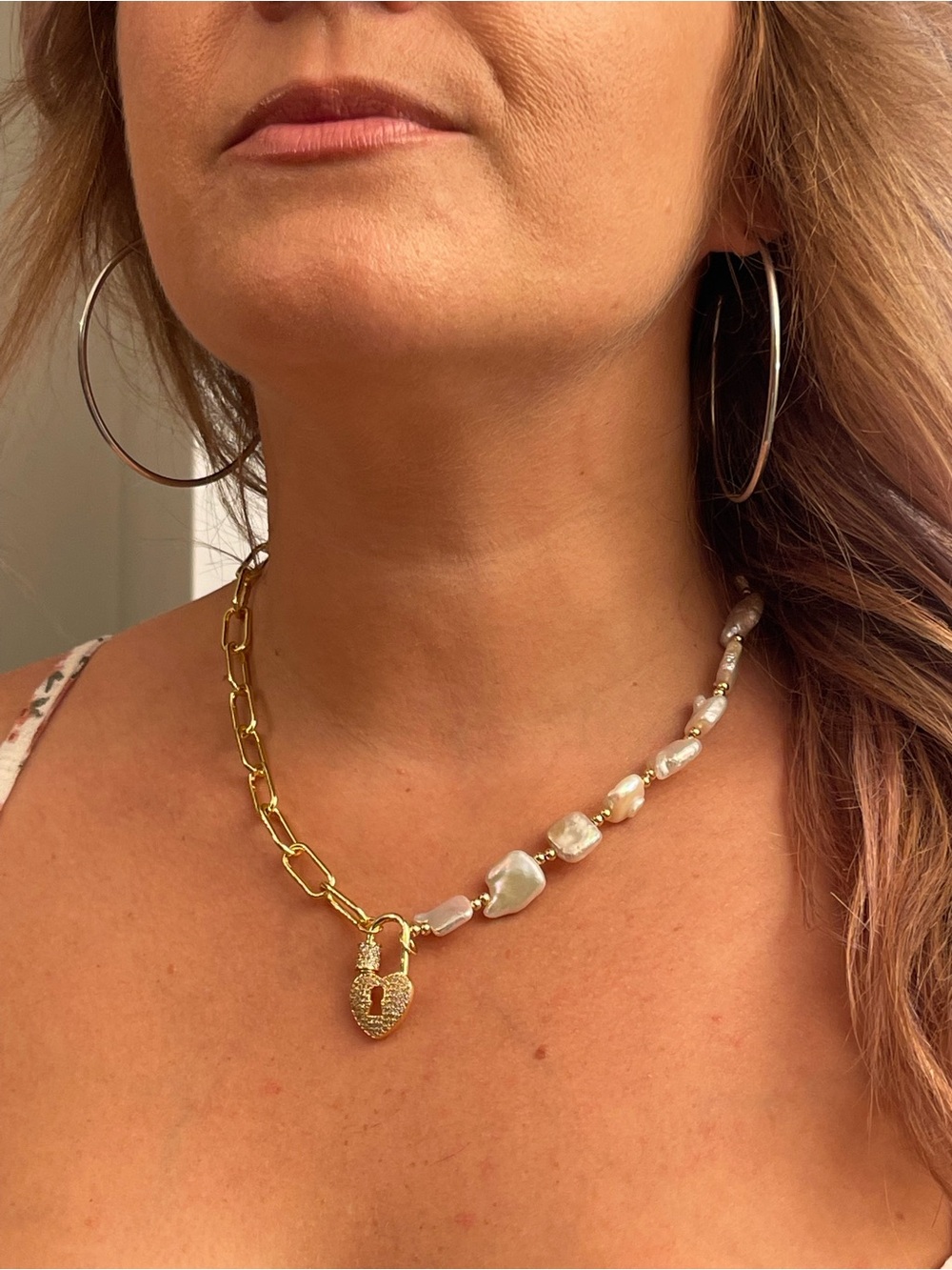 Gold Link & Pearl Heart Padlock Necklace - Women Jewelry